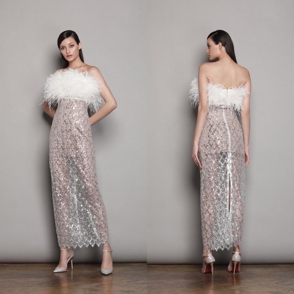 Bronx & Banco Afiyá x Coco Feather Sequin Midi Dress White Silver Size Large NWT - Picture 8 of 9